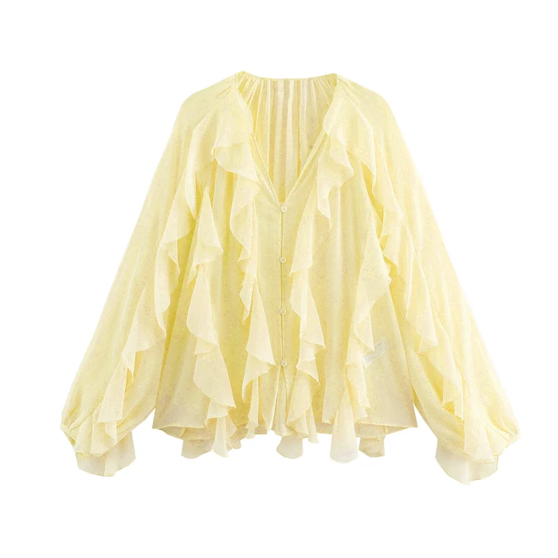 Damen nan feminine Chiffon-Volantbluse mit Ballonärmeln und V-Ausschnitt