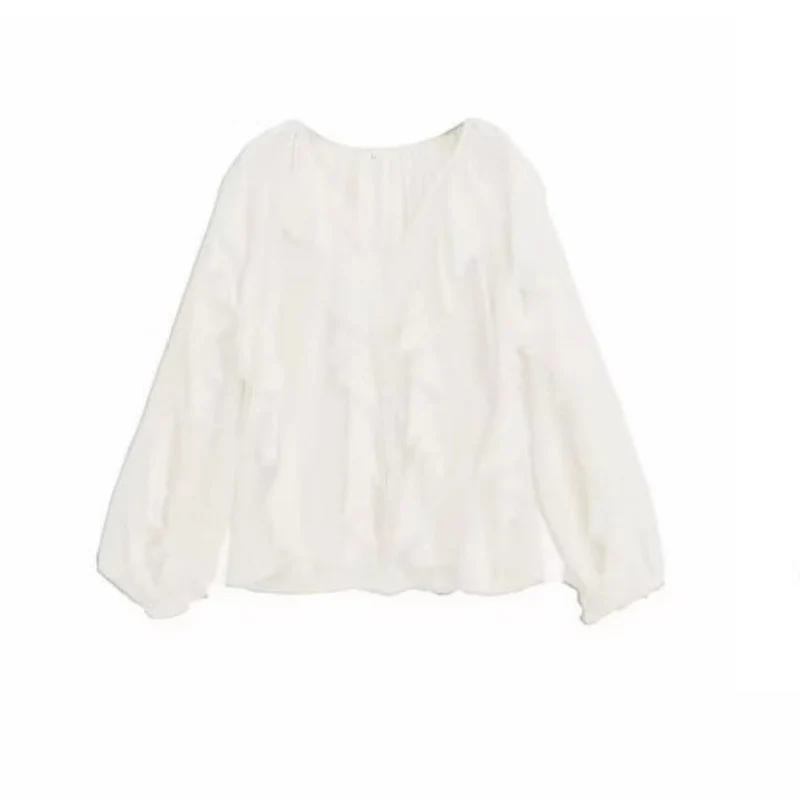 Damen nan feminine Chiffon-Volantbluse mit Ballonärmeln und V-Ausschnitt