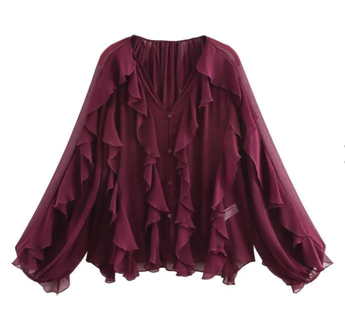Damen nan feminine Chiffon-Volantbluse mit Ballonärmeln und V-Ausschnitt