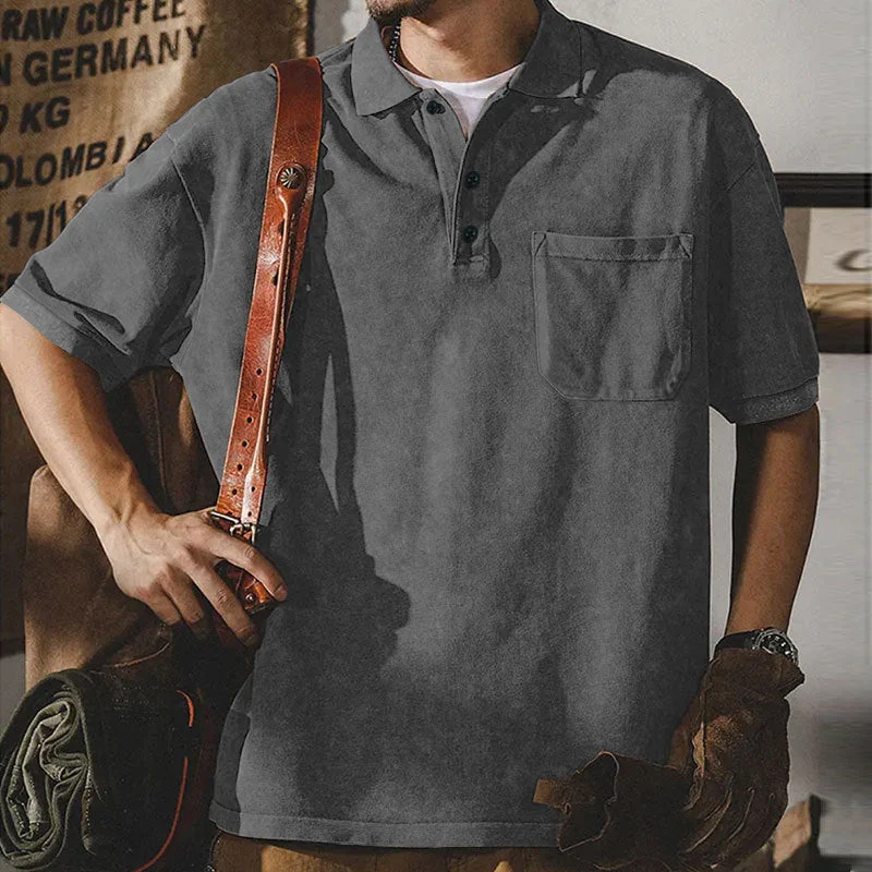 Herren nan locker geschnittenes Baumwoll-Poloshirt mit aufgesetzter Brusttasche und kurzer Knopfleiste