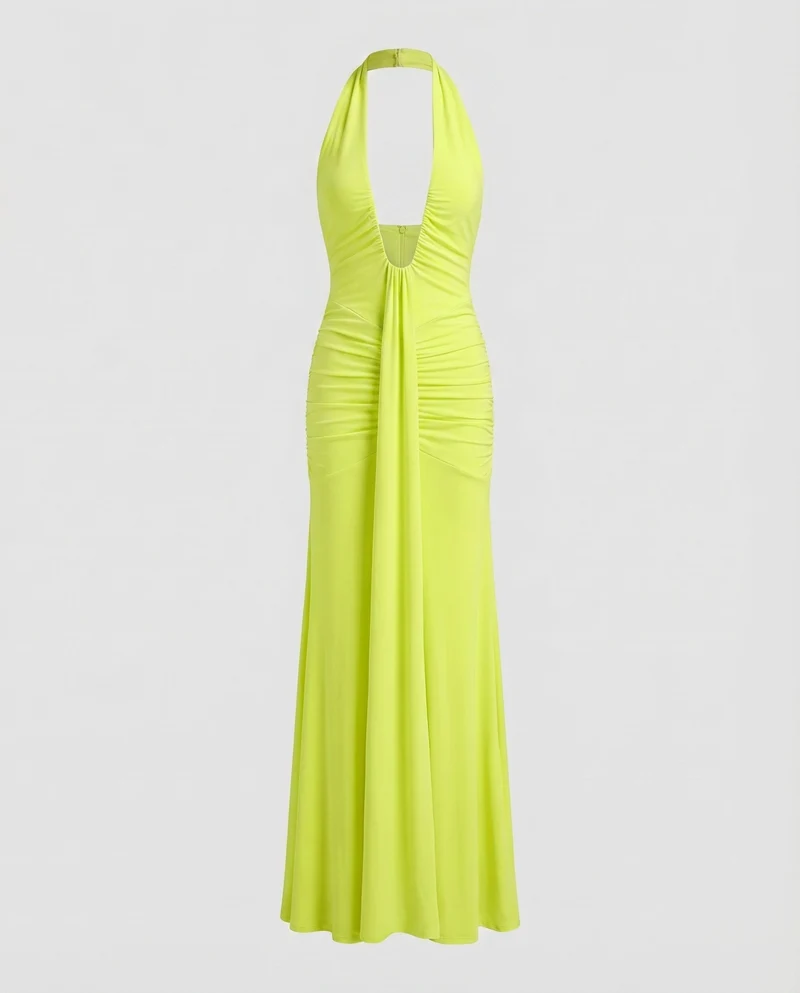 Damen Abendkleid Halter-Ausschnitt Tief Ausgeschnitten Raffung