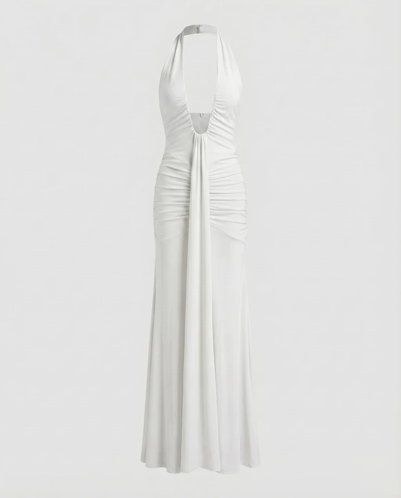 Damen Abendkleid Halter-Ausschnitt Tief Ausgeschnitten Raffung