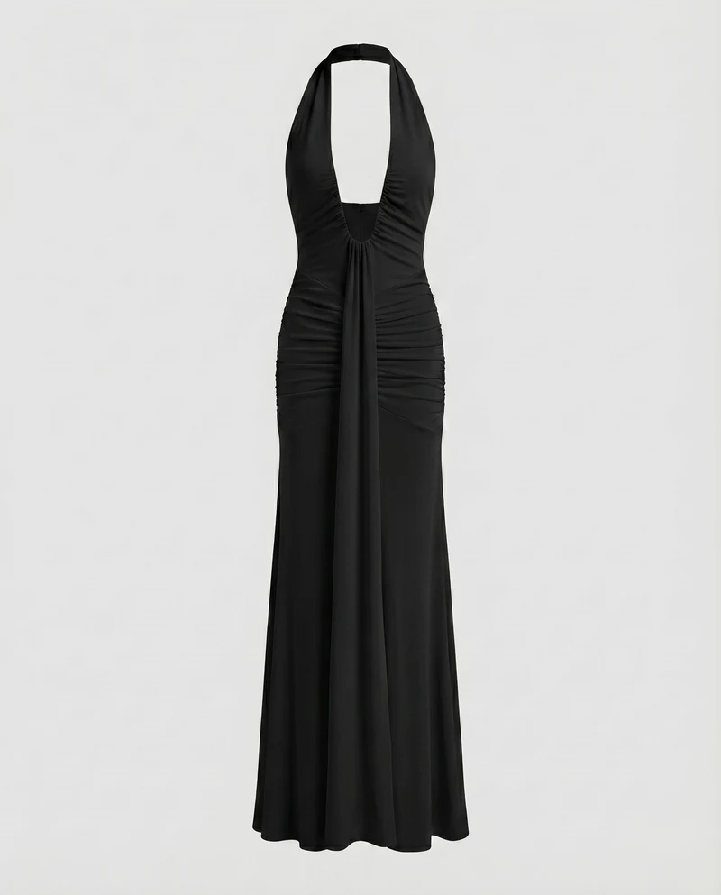 Damen Abendkleid Halter-Ausschnitt Tief Ausgeschnitten Raffung