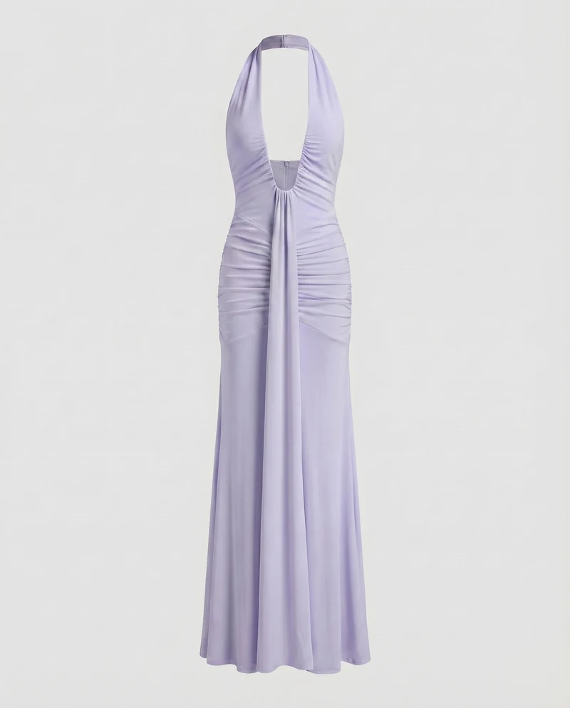 Damen Abendkleid Halter-Ausschnitt Tief Ausgeschnitten Raffung