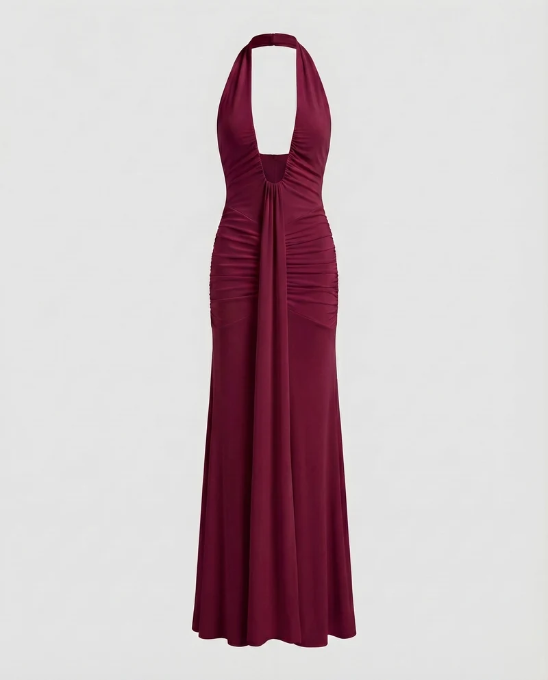 Damen Abendkleid Halter-Ausschnitt Tief Ausgeschnitten Raffung
