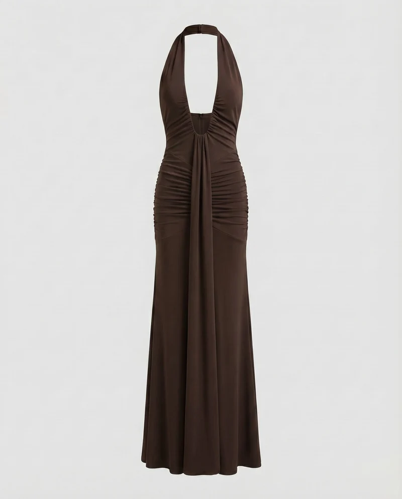 Damen Abendkleid Halter-Ausschnitt Tief Ausgeschnitten Raffung