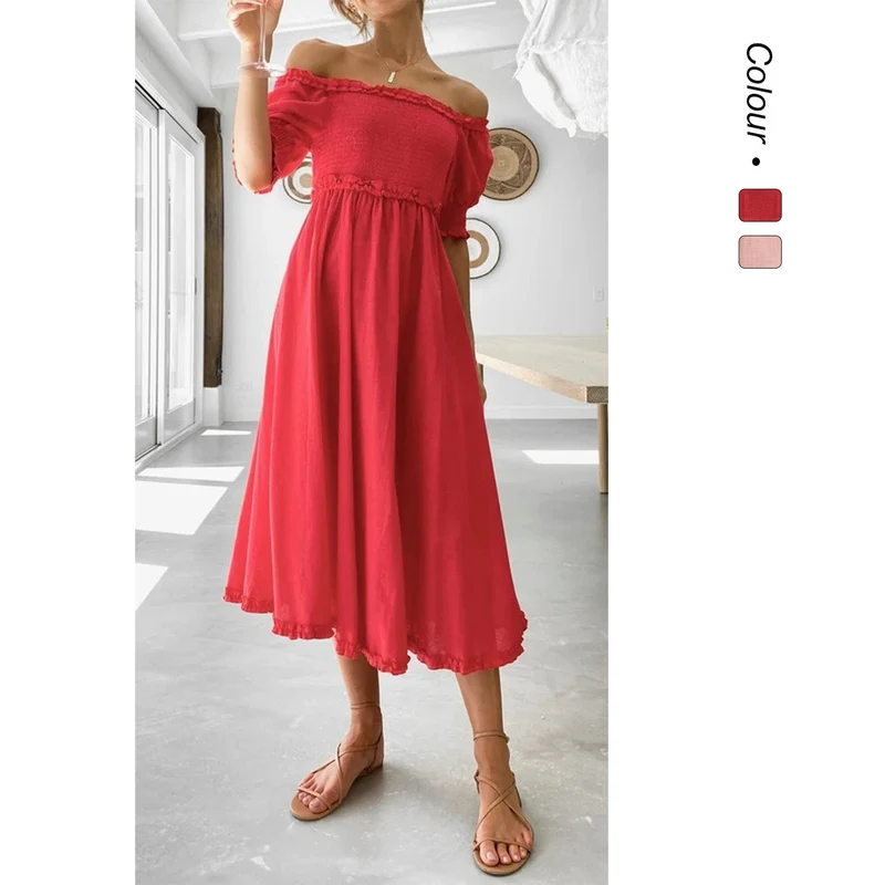 Damen Off-Shoulder Midikleid mit luftiger Silhouette und Rüschendetails Nord Taschen