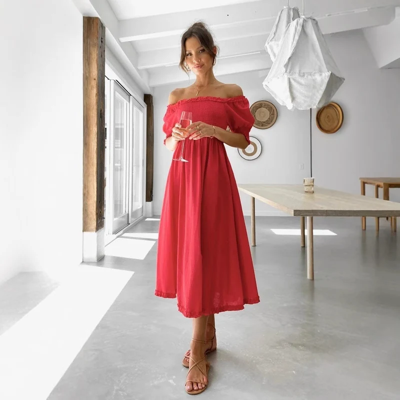 Damen Off-Shoulder Midikleid mit luftiger Silhouette und Rüschendetails Nord Taschen