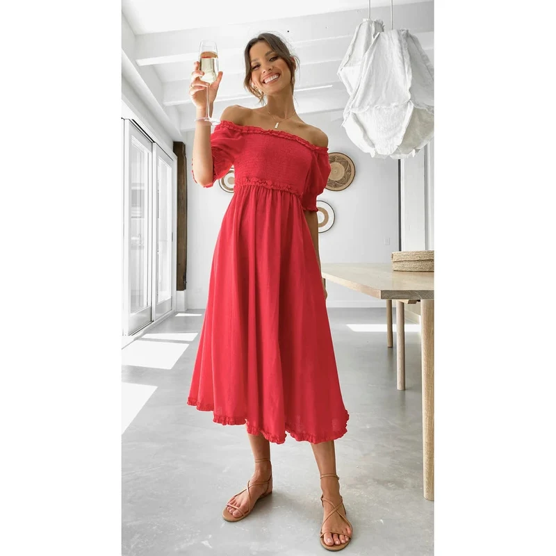 Damen Off-Shoulder Midikleid mit luftiger Silhouette und Rüschendetails Nord Taschen