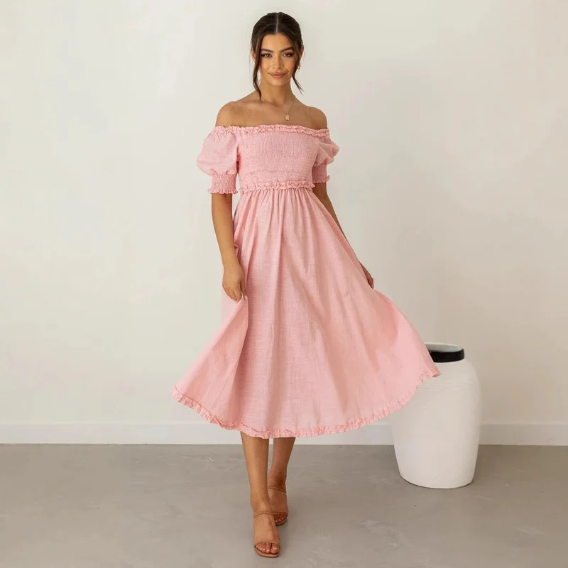 Damen Off-Shoulder Midikleid mit luftiger Silhouette und Rüschendetails Nord Taschen