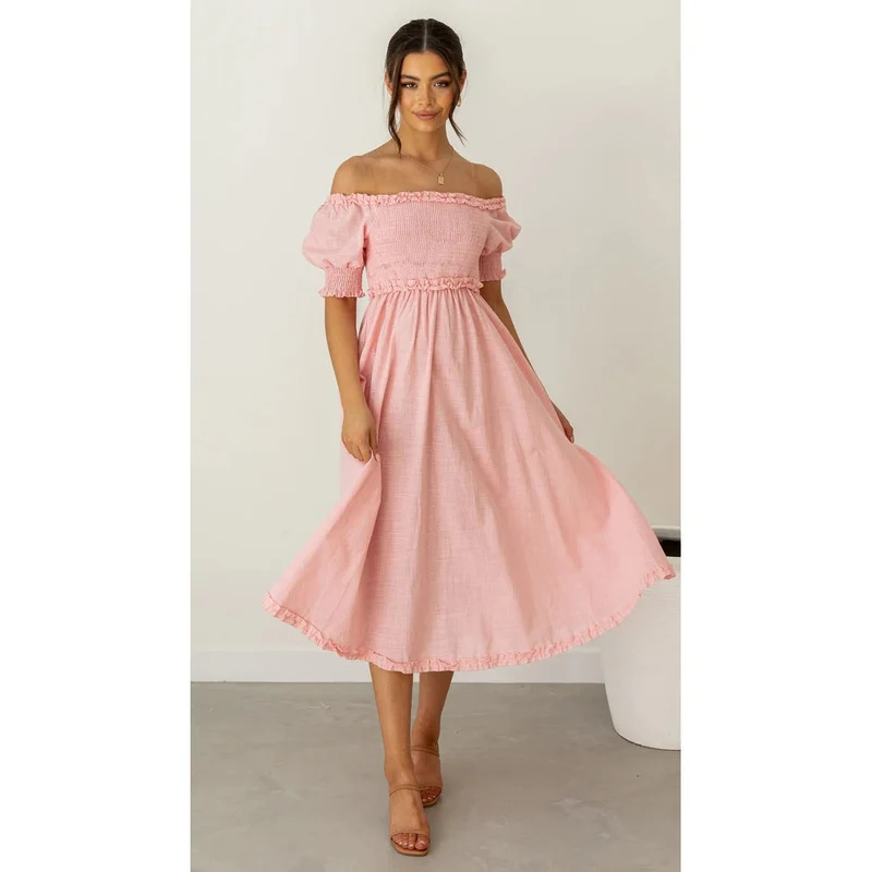 Damen Off-Shoulder Midikleid mit luftiger Silhouette und Rüschendetails Nord Taschen