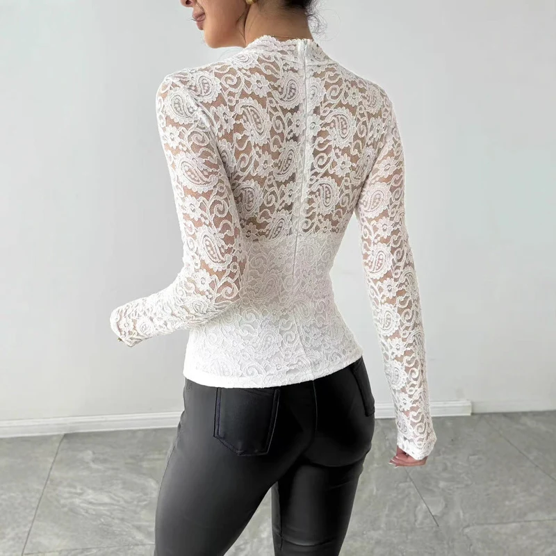 Damen Spitzenshirt mit elegantem hohem Kragen und langem Arm