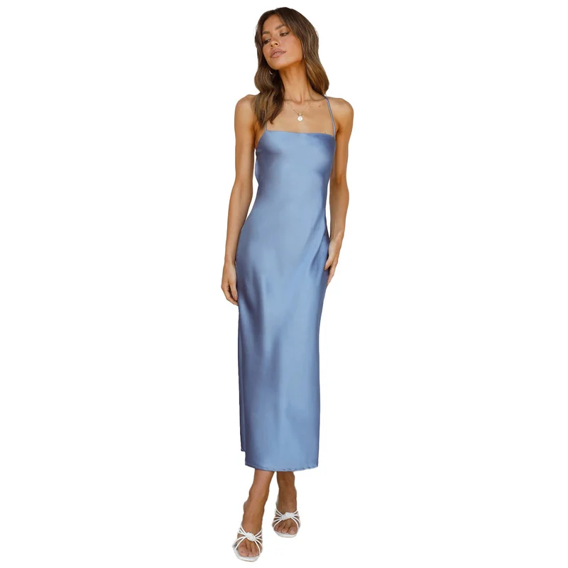 Damen Satin Maxikleid mit Spaghetti-Trägern und elegantem Schnitt Nord Taschen
