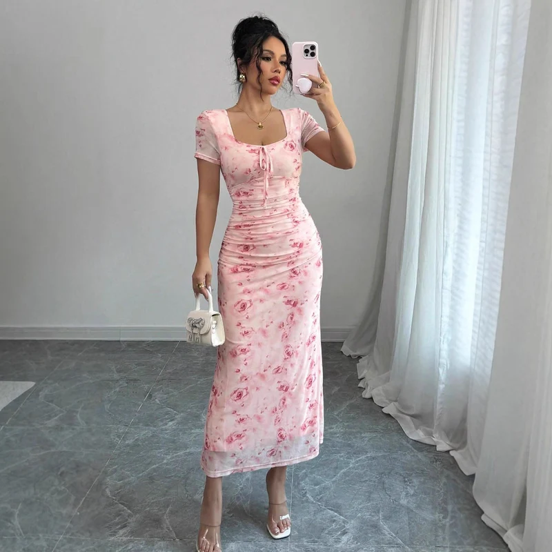 Damen Midi-Kleid mit raffinierten Falten und floralem Muster