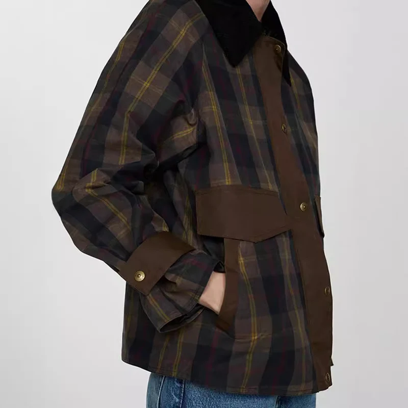 Damen Karierte Jacke mit weichem Cordkragen
