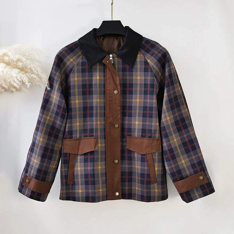 Damen Karierte Jacke mit weichem Cordkragen