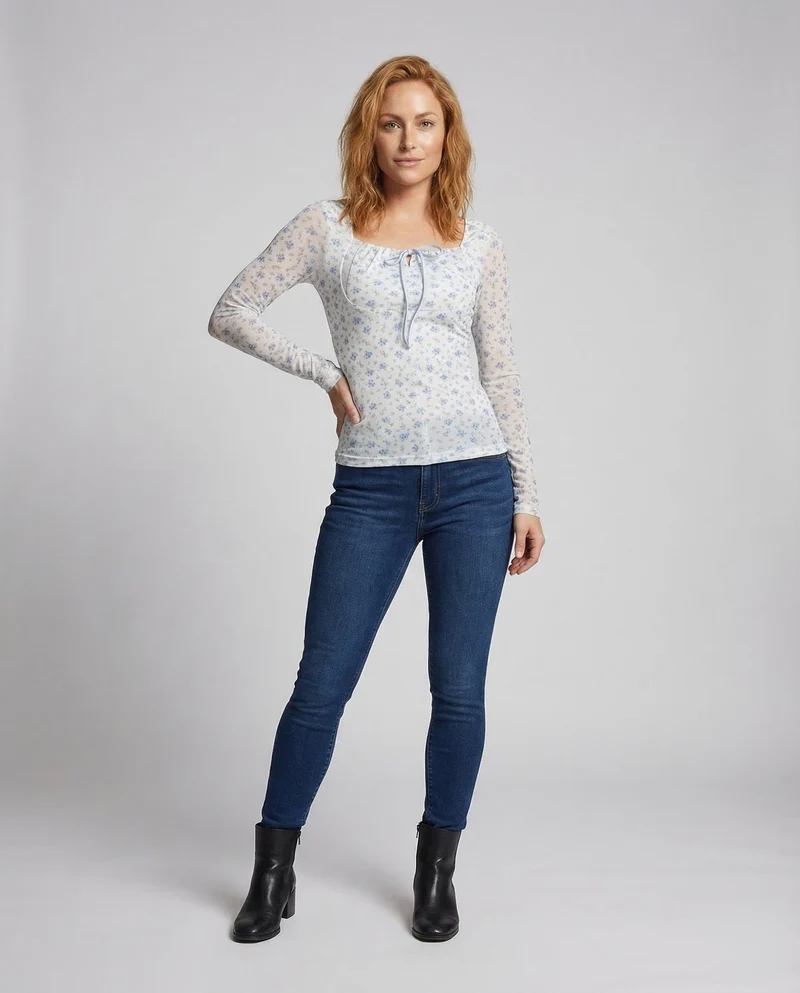 Damen Mesh Langarmshirt Blumenmuster
