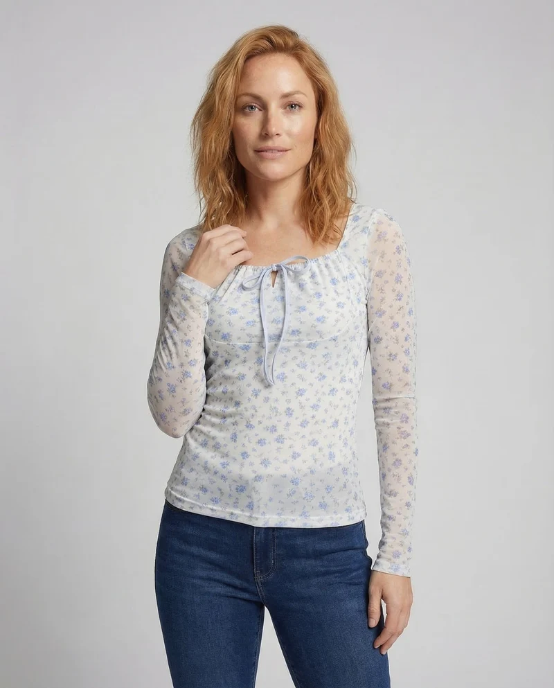 Damen Mesh Langarmshirt Blumenmuster