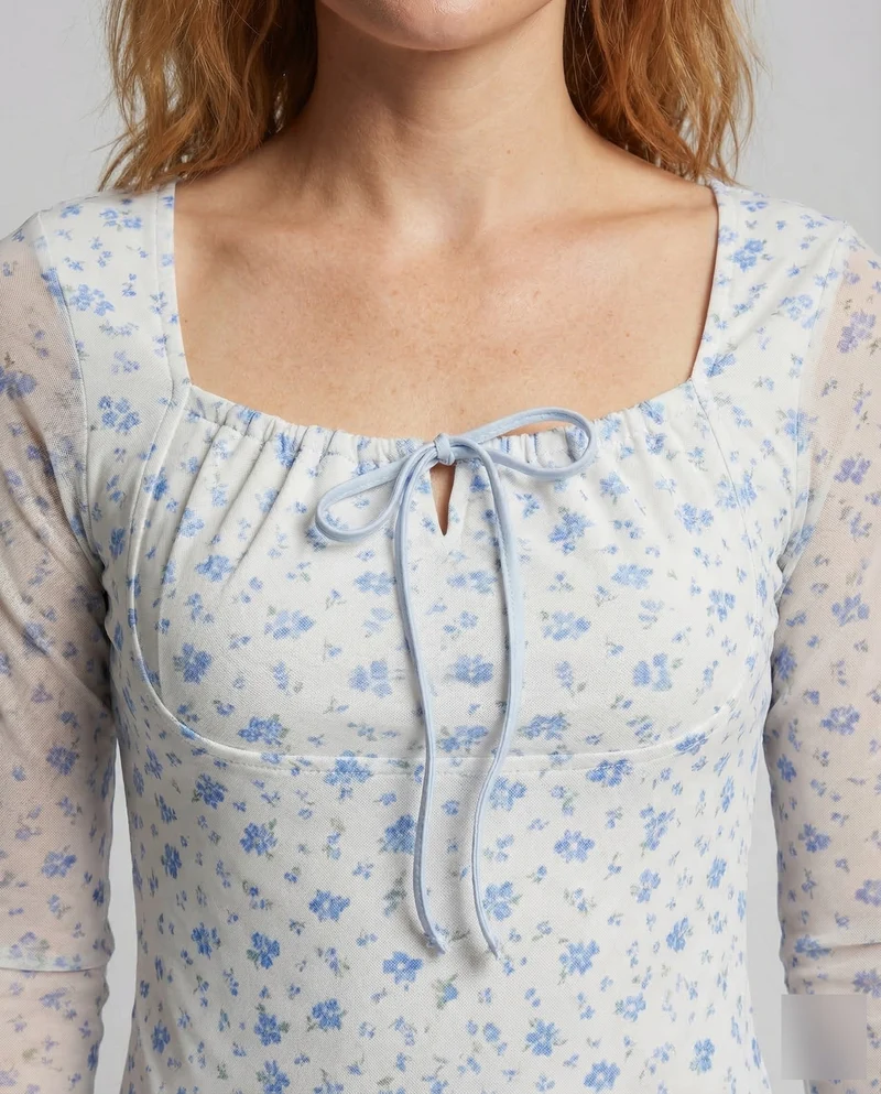 Damen Mesh Langarmshirt Blumenmuster