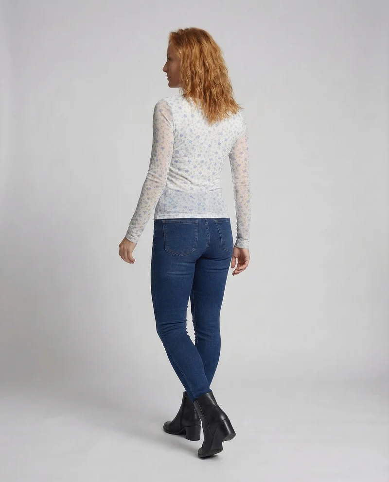 Damen Mesh Langarmshirt Blumenmuster