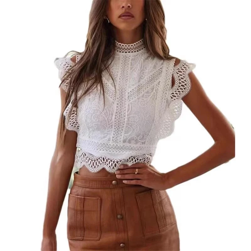 Damen elegante Spitzenbluse mit Rüschensaum
