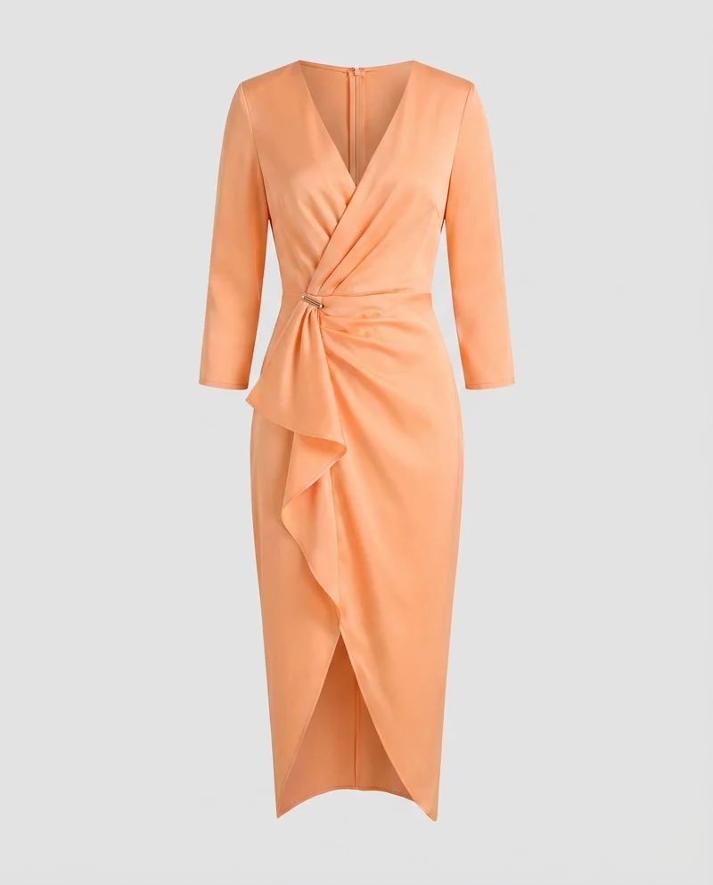 Damen Midikleid V-Ausschnitt Taillen-Knoten Frontschlitz