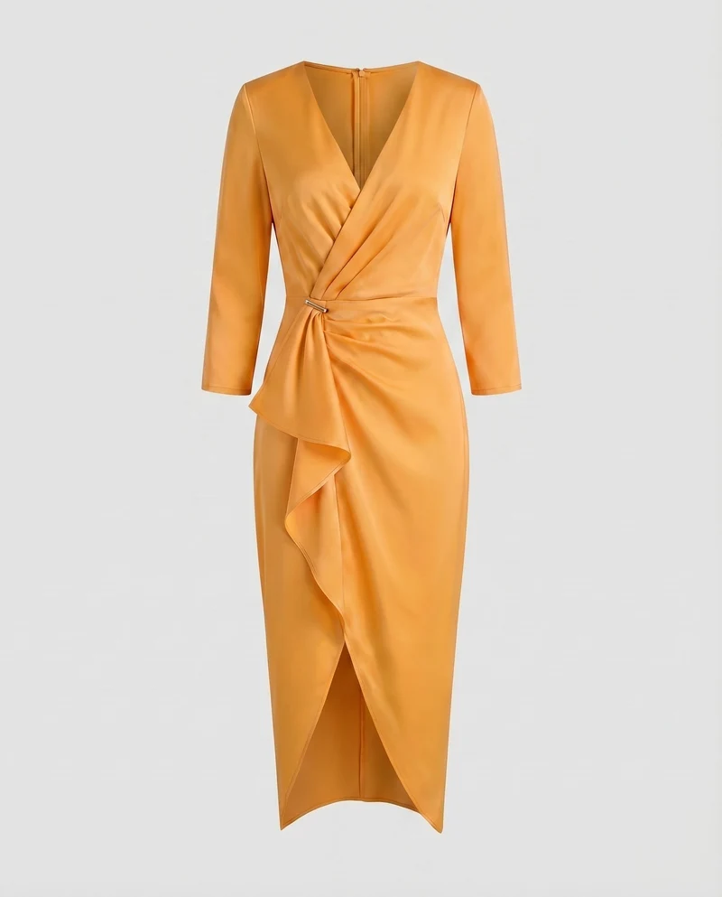 Damen Midikleid V-Ausschnitt Taillen-Knoten Frontschlitz