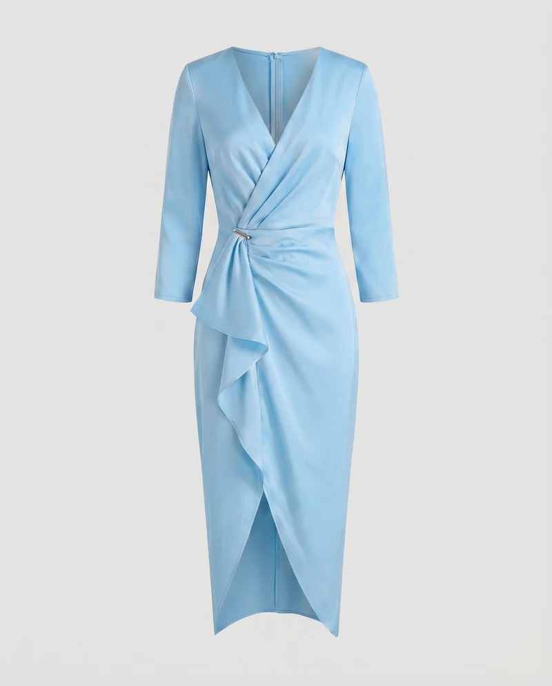 Damen Midikleid V-Ausschnitt Taillen-Knoten Frontschlitz