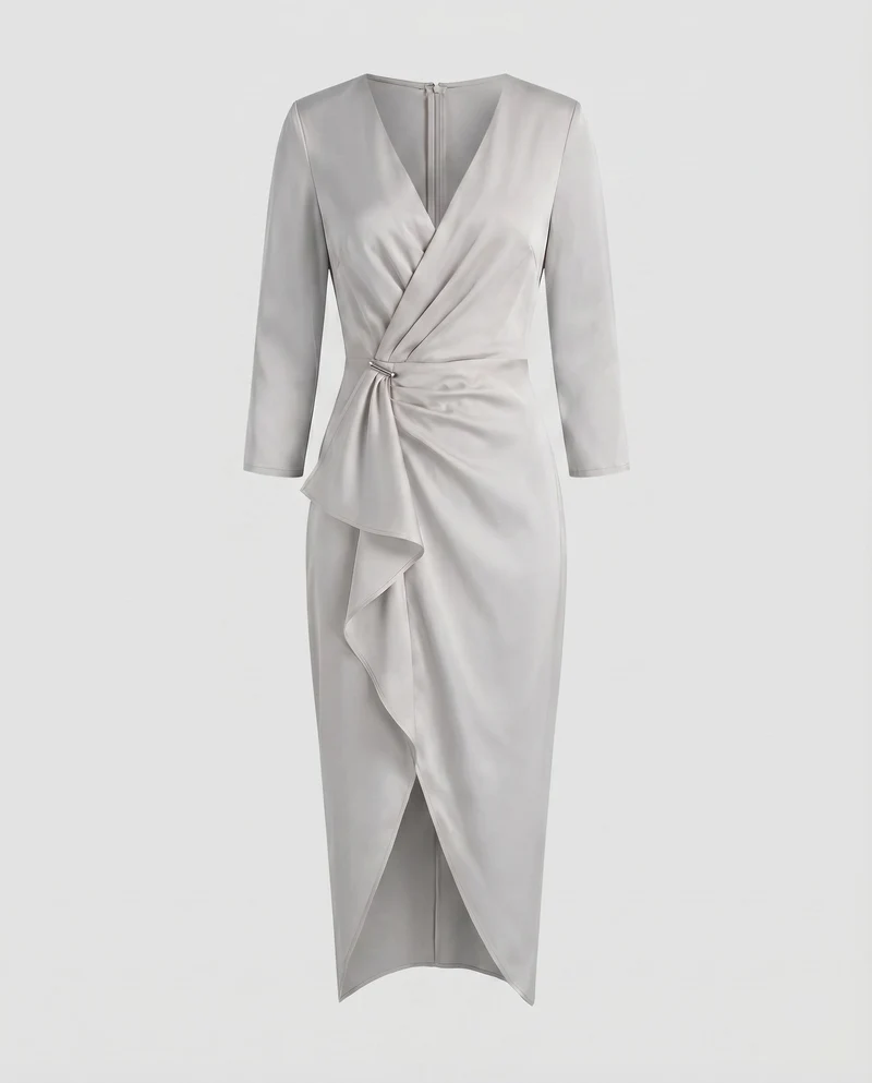 Damen Midikleid V-Ausschnitt Taillen-Knoten Frontschlitz
