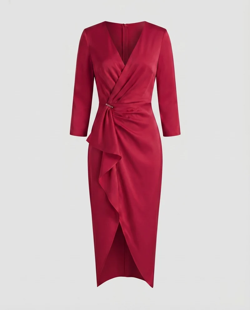 Damen Midikleid V-Ausschnitt Taillen-Knoten Frontschlitz