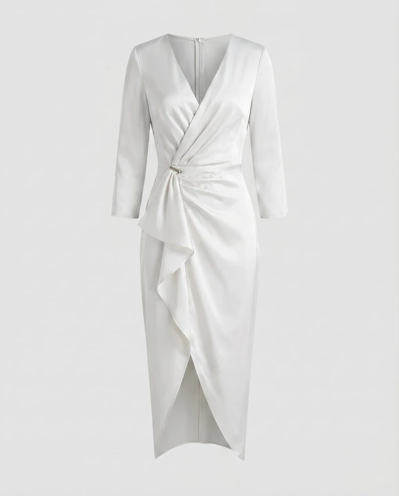 Damen Midikleid V-Ausschnitt Taillen-Knoten Frontschlitz