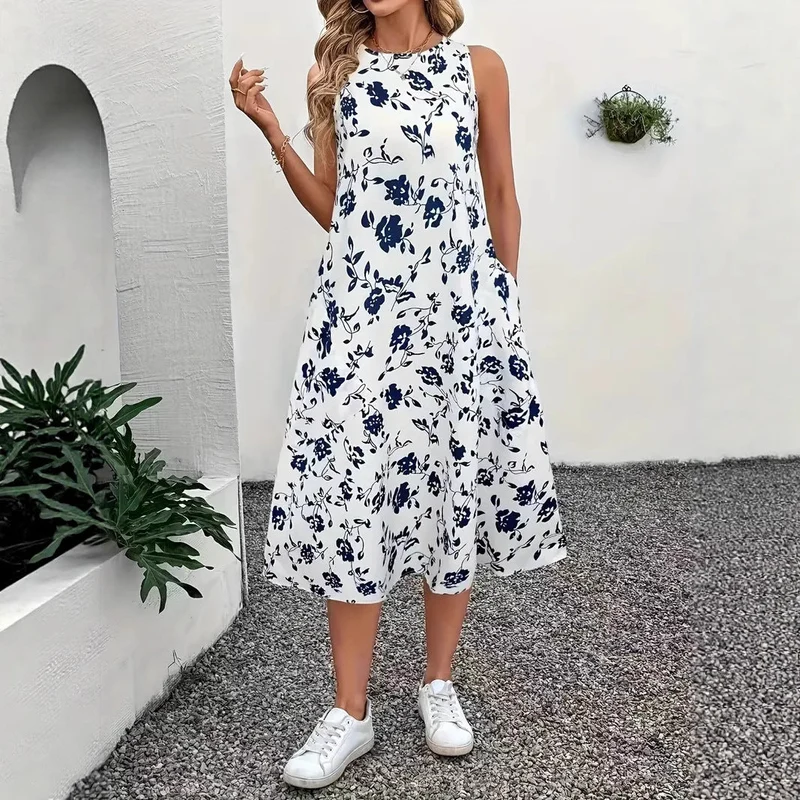 Damen Ärmelloses Maxikleid mit floralem Muster und praktischen Taschen