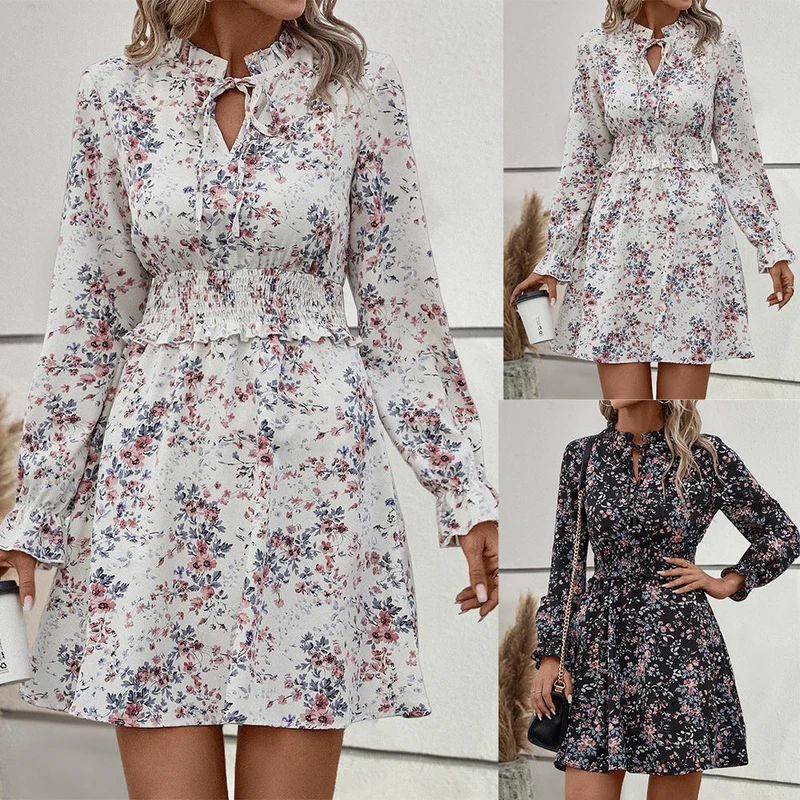 Damen blumiges Freizeitkleid mit raffinierten Rüschendetails und elastischem Taillenbund Nord Taschen