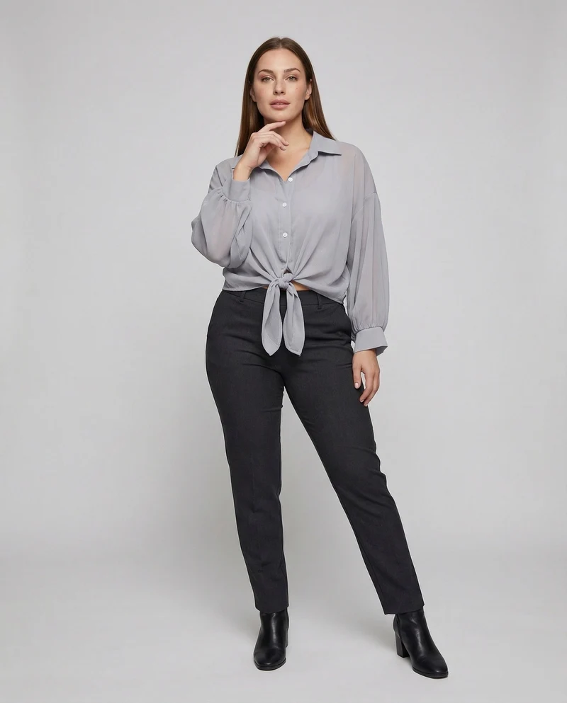 Damen Chiffonbluse Knotenfront Ballonärmel