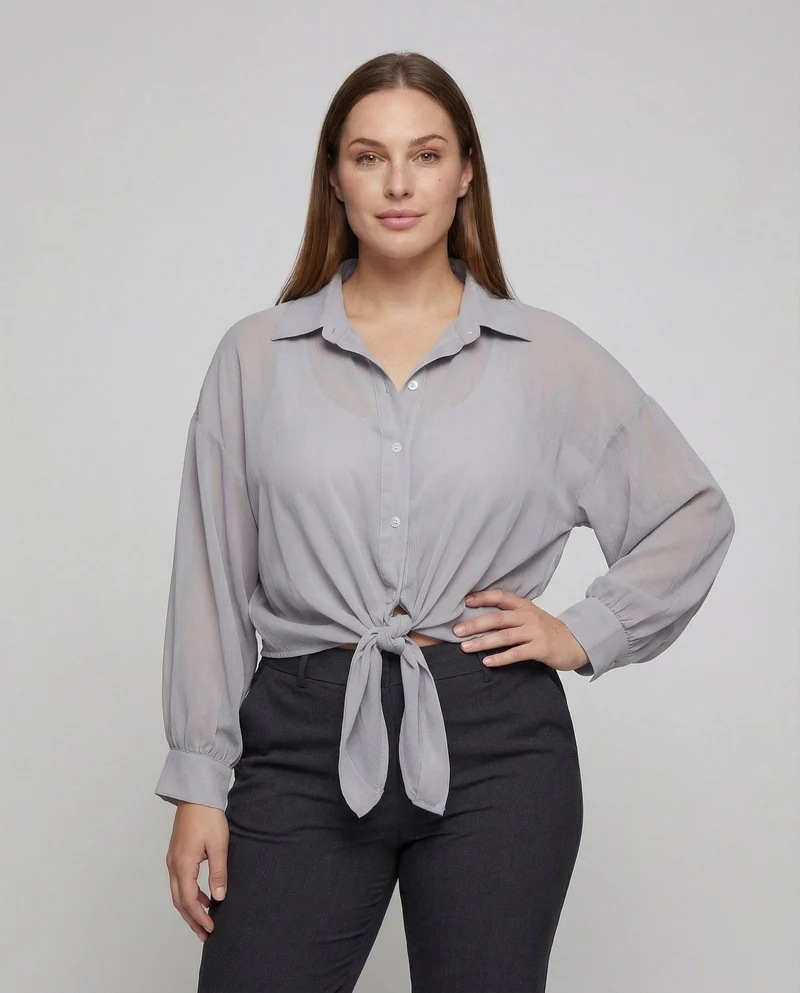 Damen Chiffonbluse Knotenfront Ballonärmel