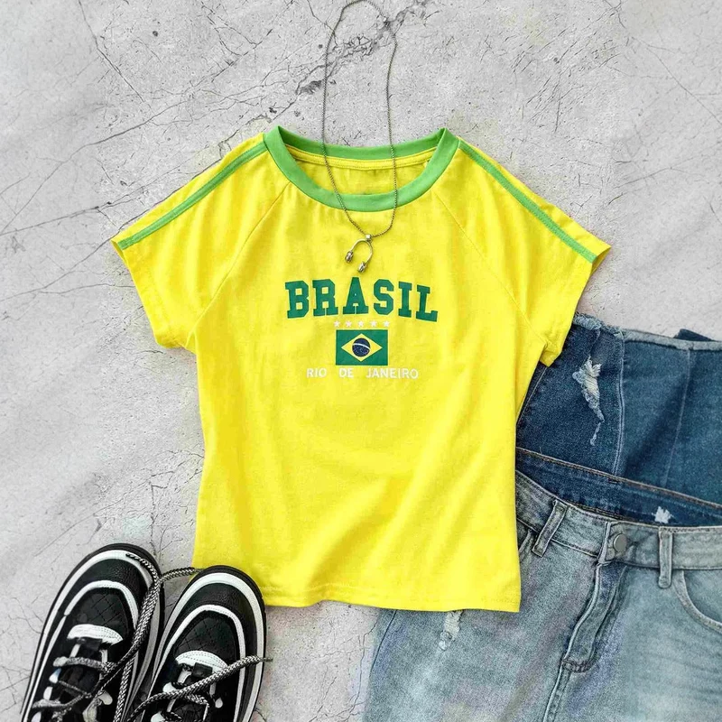 Damen T-Shirt mit kreativem Brasilien-Design und körperbetontem Schnitt Nord Taschen