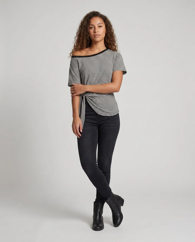 Damen lässiges gestreiftes T-Shirt mit asymmetrischem Schnitt und Knoten-Detail