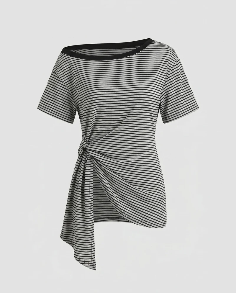 Damen lässiges gestreiftes T-Shirt mit asymmetrischem Schnitt und Knoten-Detail