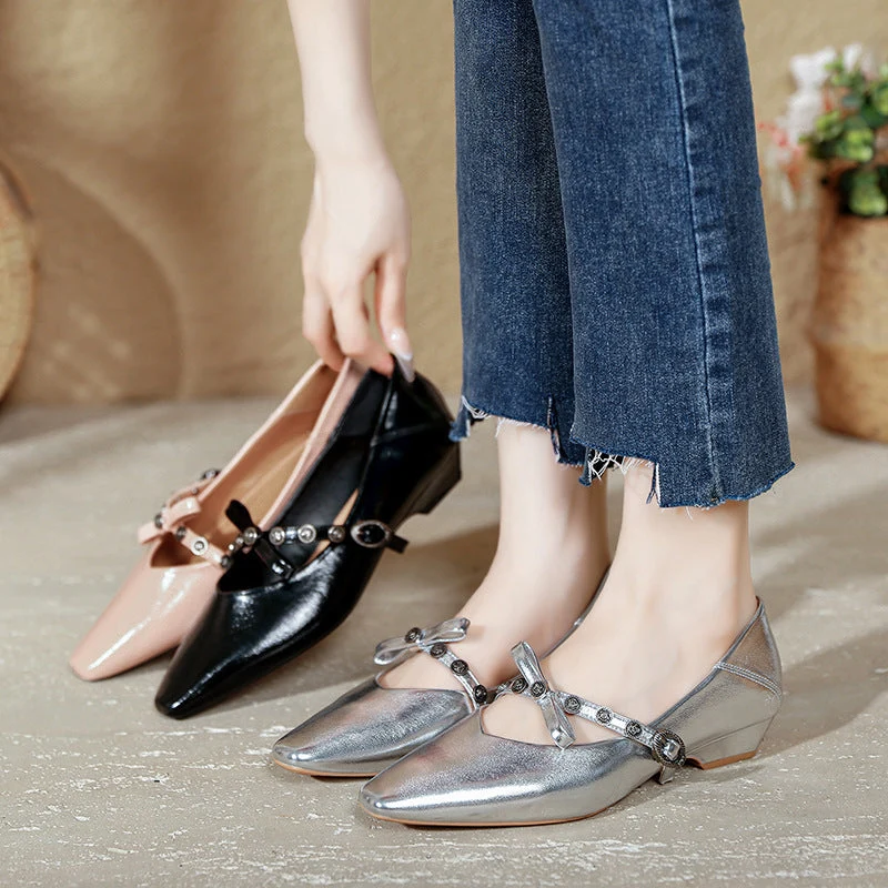 Damen spitze Ballerinas mit verziertem Riemen und edler Schleifenapplikation