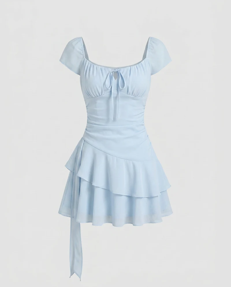 Damen Luftiges Minikleid mit Rüschensaum und seitlicher Schnürung