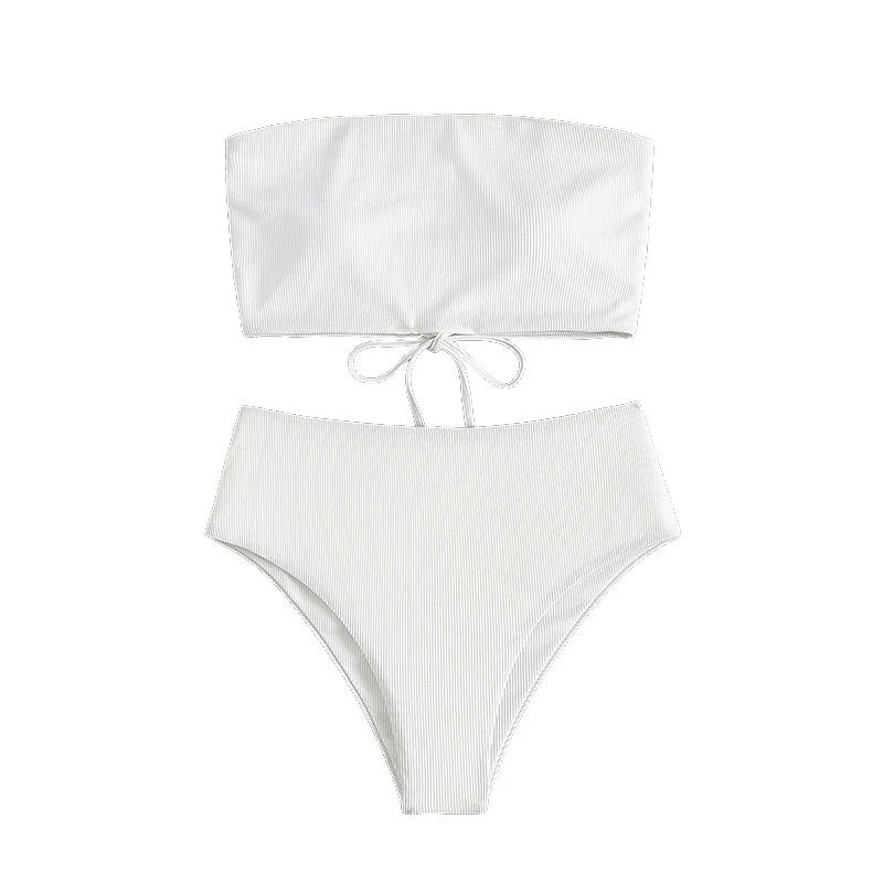Damen Bandeau-Bikini mit hohem Bund und Rippdesign
