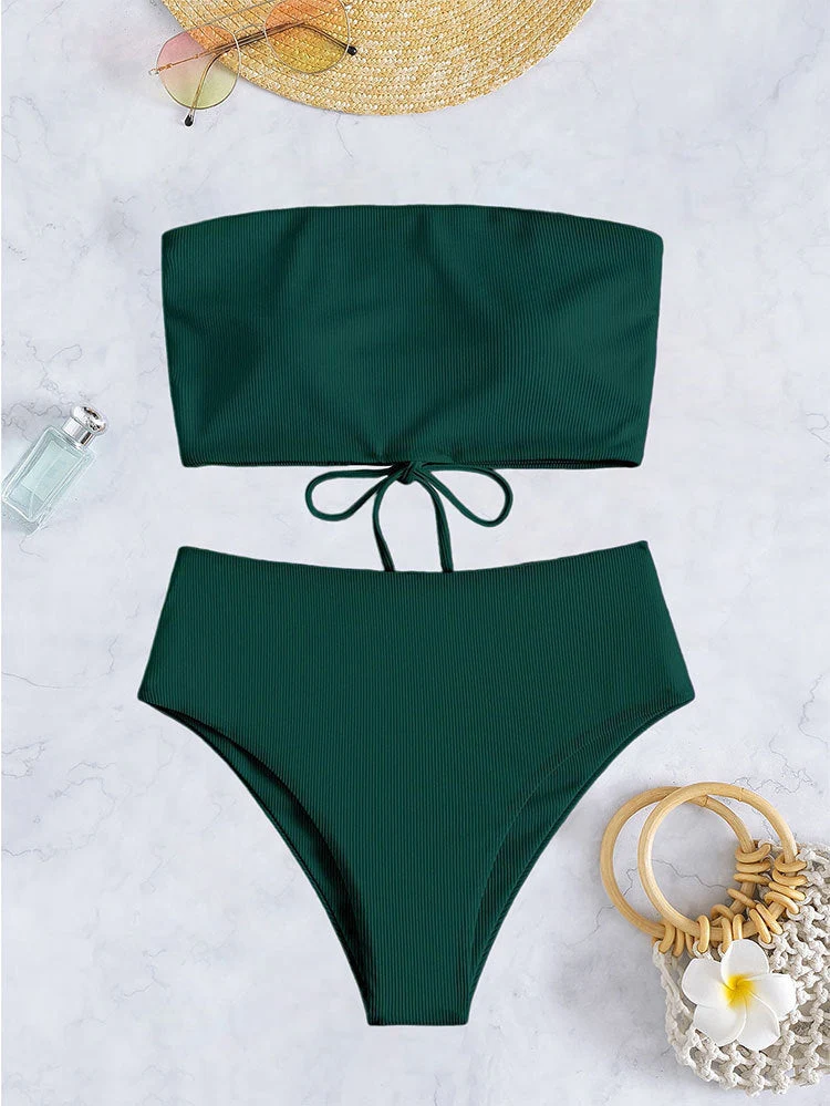 Damen Bandeau-Bikini mit hohem Bund und Rippdesign