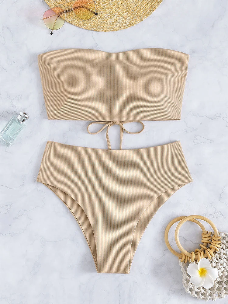 Damen Bandeau-Bikini mit hohem Bund und Rippdesign
