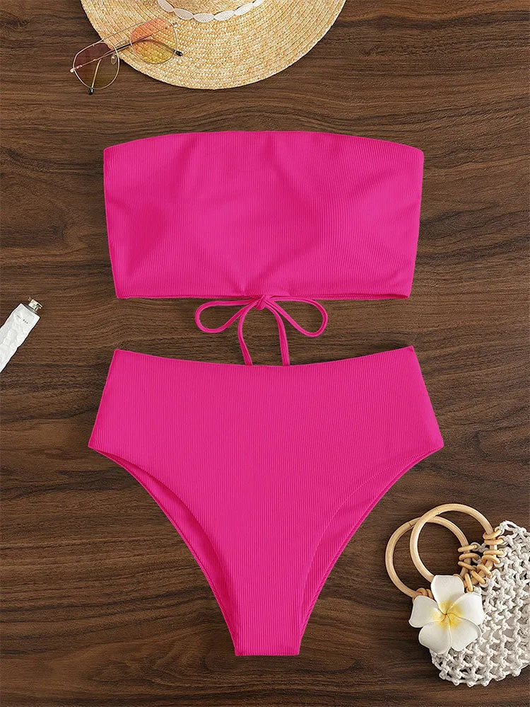 Damen Bandeau-Bikini mit hohem Bund und Rippdesign