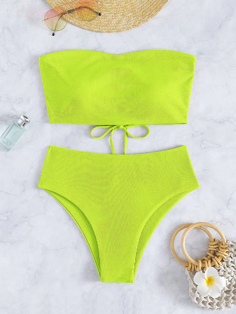 Damen Bandeau-Bikini mit hohem Bund und Rippdesign
