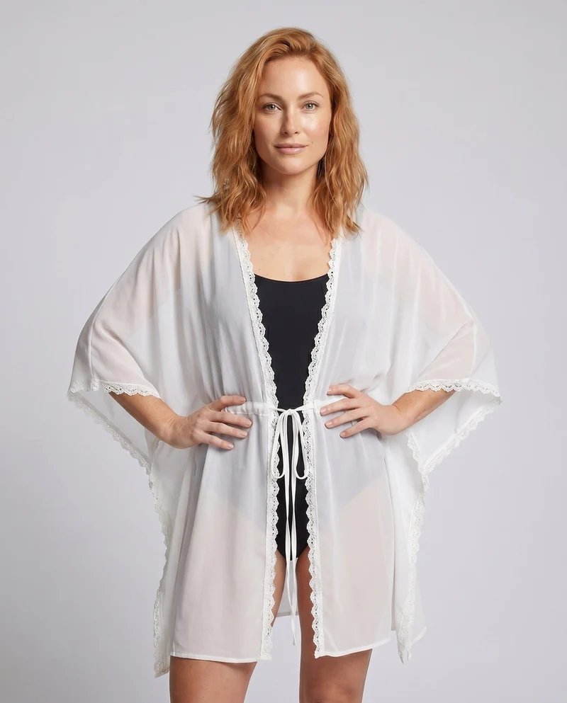 Damen leichter Strandkimono mit romantischer Häkelspitze