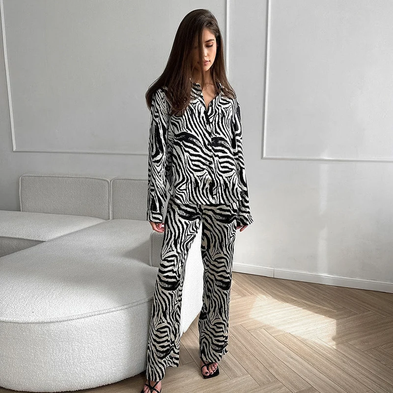 Damen Elegante ZNord Taschenra-Muster Übergröße Pyjama-Anzug