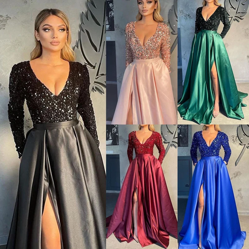Damen Glamouröses Abendkleid mit tiefem V-Ausschnitt und schimmernden Pailletten