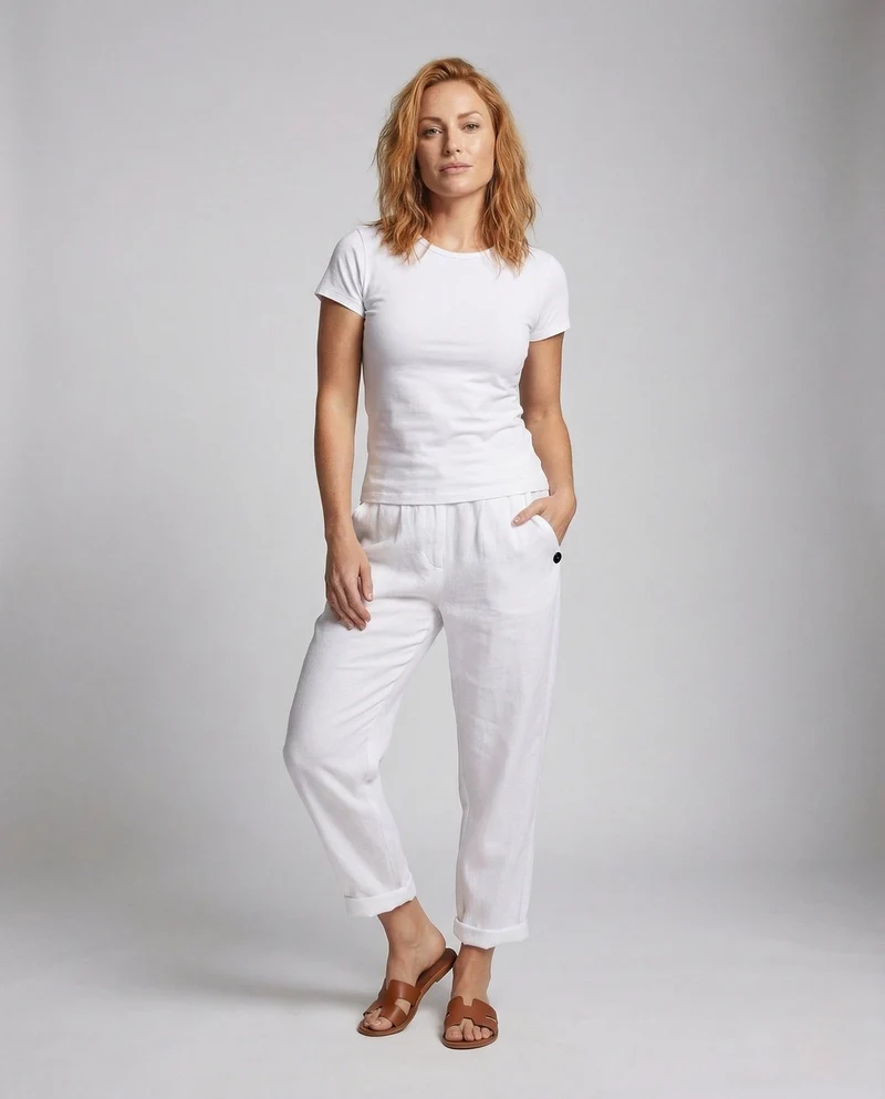 Damen Leinenhose mit Elastischem Bund & Seitentaschen