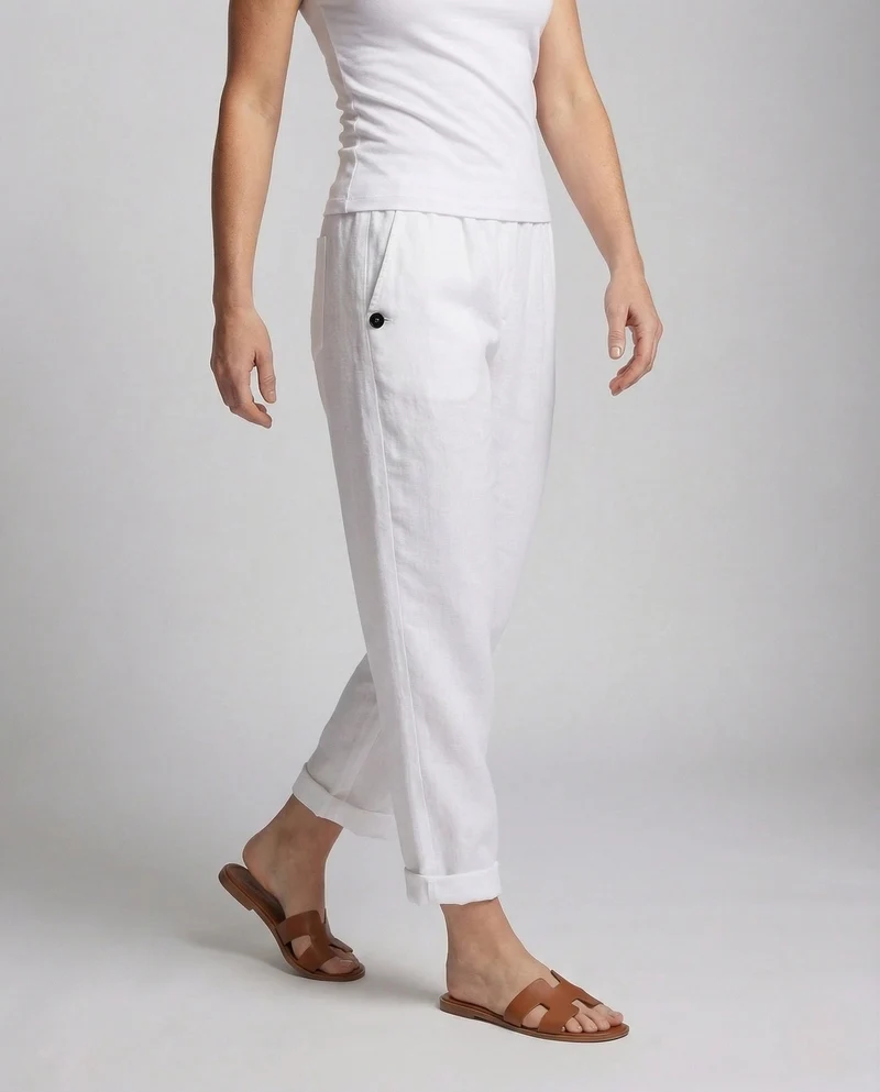 Damen Leinenhose mit Elastischem Bund & Seitentaschen